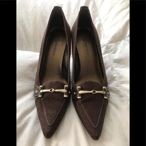 Brown fabric kitten heels